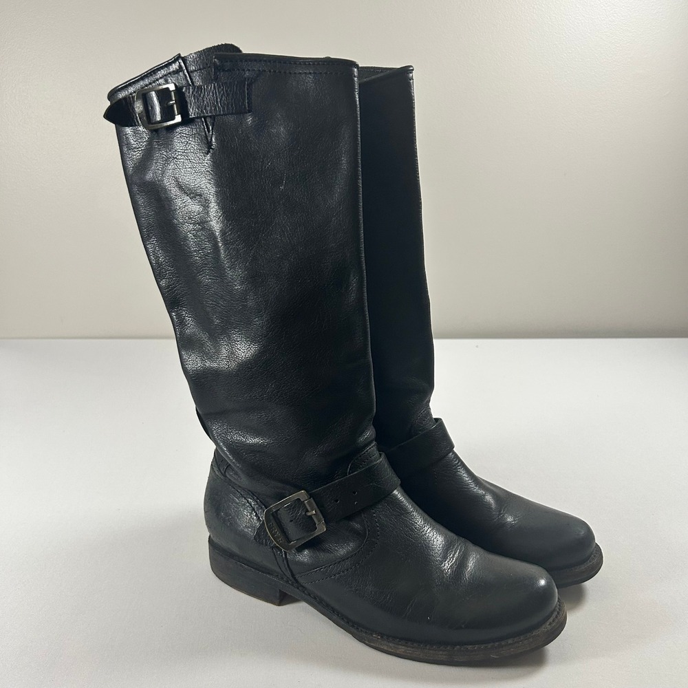 Frye Engineer 8R Boots Women 7.5 Black Leather Moto Buckle 77500 USA Made
